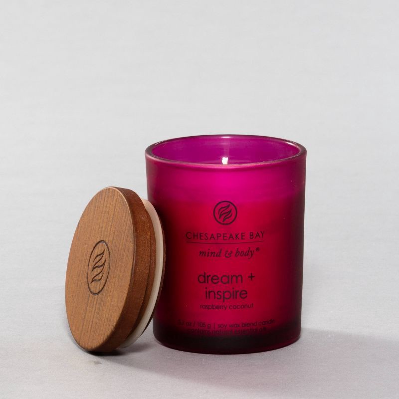 slide 2 of 7, Frosted Glass Dream + Inspire Lidded Jar Candle Burgundy 3.7oz - Mind & Body by Chesapeake Bay Candle: Essential Oils, Soy Wax Blend, 24hr Burn, 3.7 oz