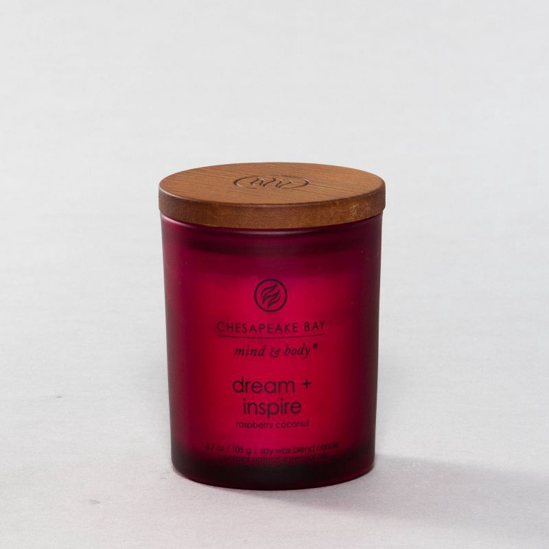 slide 1 of 7, Frosted Glass Dream + Inspire Lidded Jar Candle Burgundy 3.7oz - Mind & Body by Chesapeake Bay Candle: Essential Oils, Soy Wax Blend, 24hr Burn, 3.7 oz