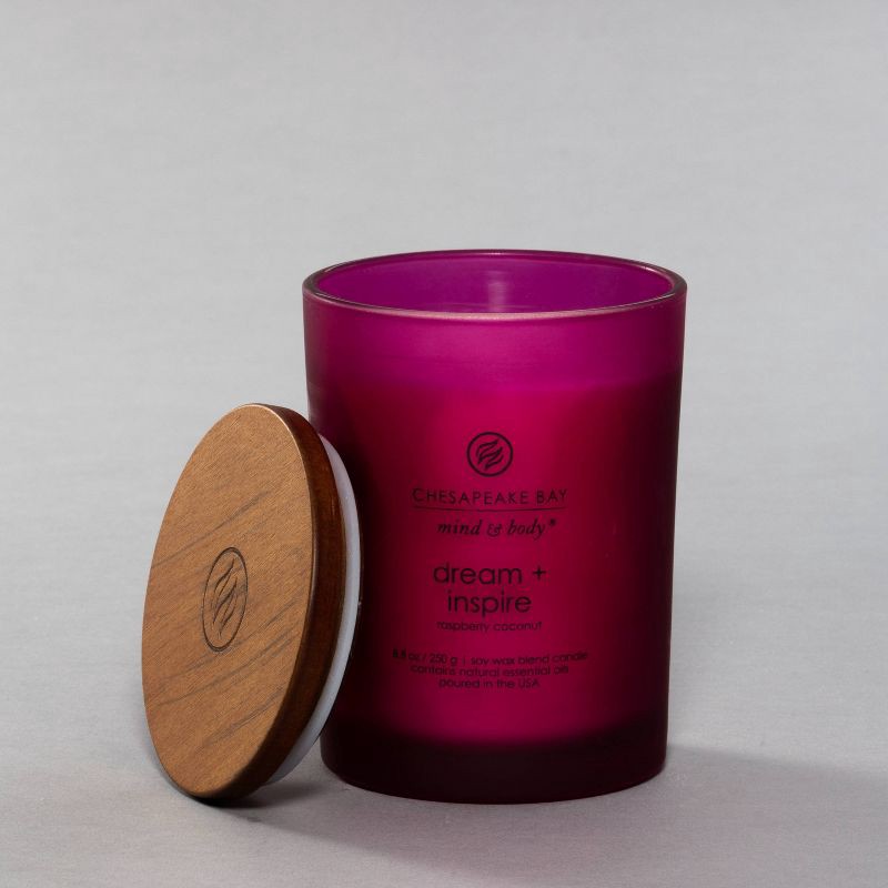 slide 2 of 7, Frosted Glass Dream + Inspire Lidded Jar Candle Burgundy 8.8oz: Essential Oils, Soy Blend - Mind & Body by Chesapeake Bay Candle, 8.8 oz