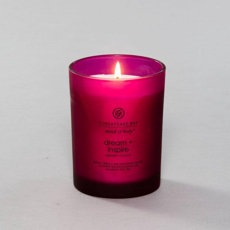 slide 3 of 7, Frosted Glass Dream + Inspire Lidded Jar Candle Burgundy 8.8oz: Essential Oils, Soy Blend - Mind & Body by Chesapeake Bay Candle, 8.8 oz
