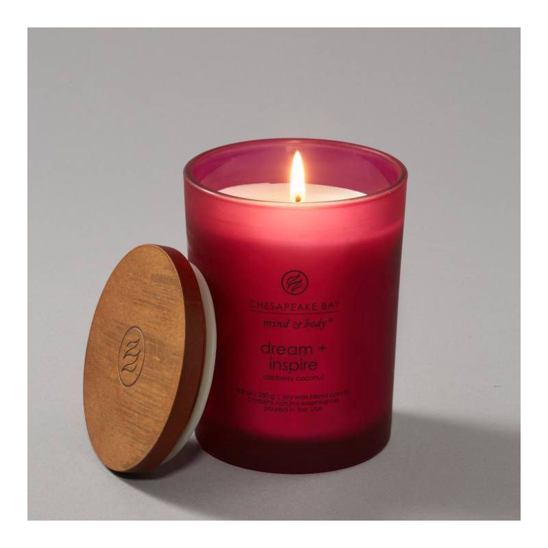 slide 5 of 7, Frosted Glass Dream + Inspire Lidded Jar Candle Burgundy 8.8oz: Essential Oils, Soy Blend - Mind & Body by Chesapeake Bay Candle, 8.8 oz