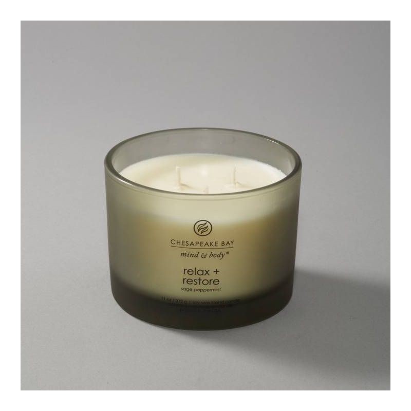 slide 3 of 5, 3-Wick Frosted Glass Relax + Restore Lidded Jar Candle Light Gray 11oz - Mind & Body by Chesapeake Bay Candle: Essential Oils, Soy Wax Blend, 11 oz