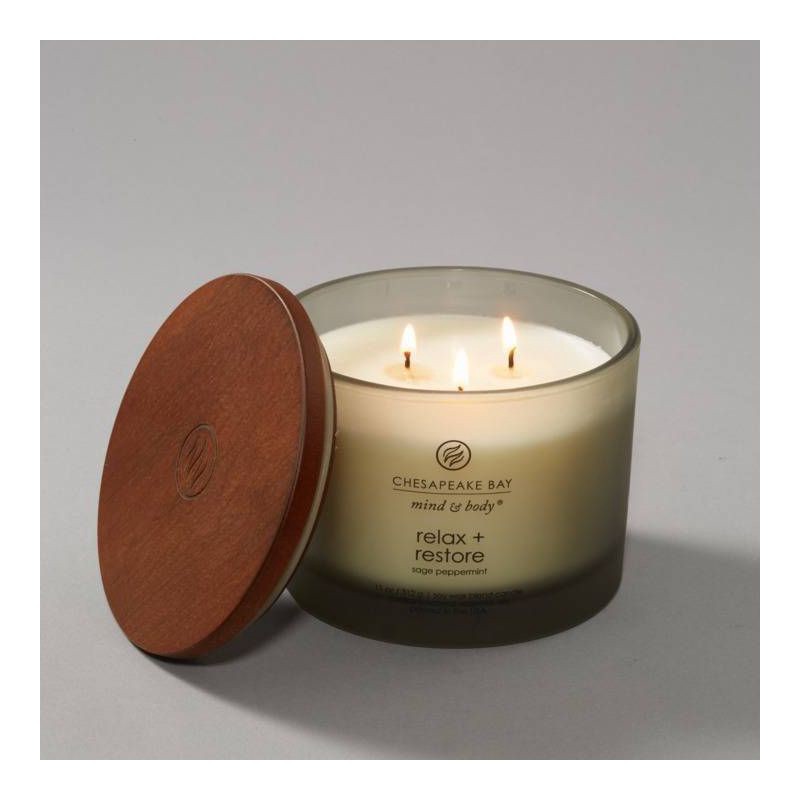 slide 4 of 5, 3-Wick Frosted Glass Relax + Restore Lidded Jar Candle Light Gray 11oz - Mind & Body by Chesapeake Bay Candle: Essential Oils, Soy Wax Blend, 11 oz