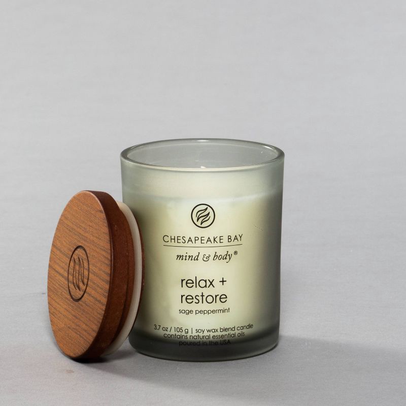 slide 2 of 5, Frosted Glass Relax + Restore Lidded Jar Candle Light Gray 3.7oz - Mind & Body by Chesapeake Bay Candle: Essential Oils, Soy Wax Blend, 3.7 oz