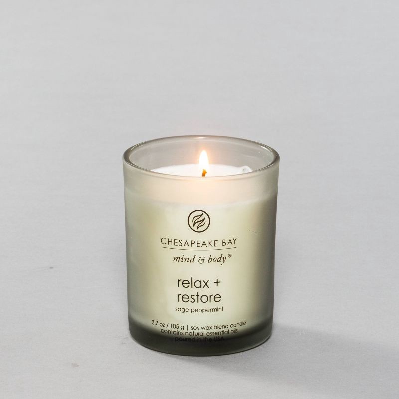slide 3 of 5, Frosted Glass Relax + Restore Lidded Jar Candle Light Gray 3.7oz - Mind & Body by Chesapeake Bay Candle: Essential Oils, Soy Wax Blend, 3.7 oz