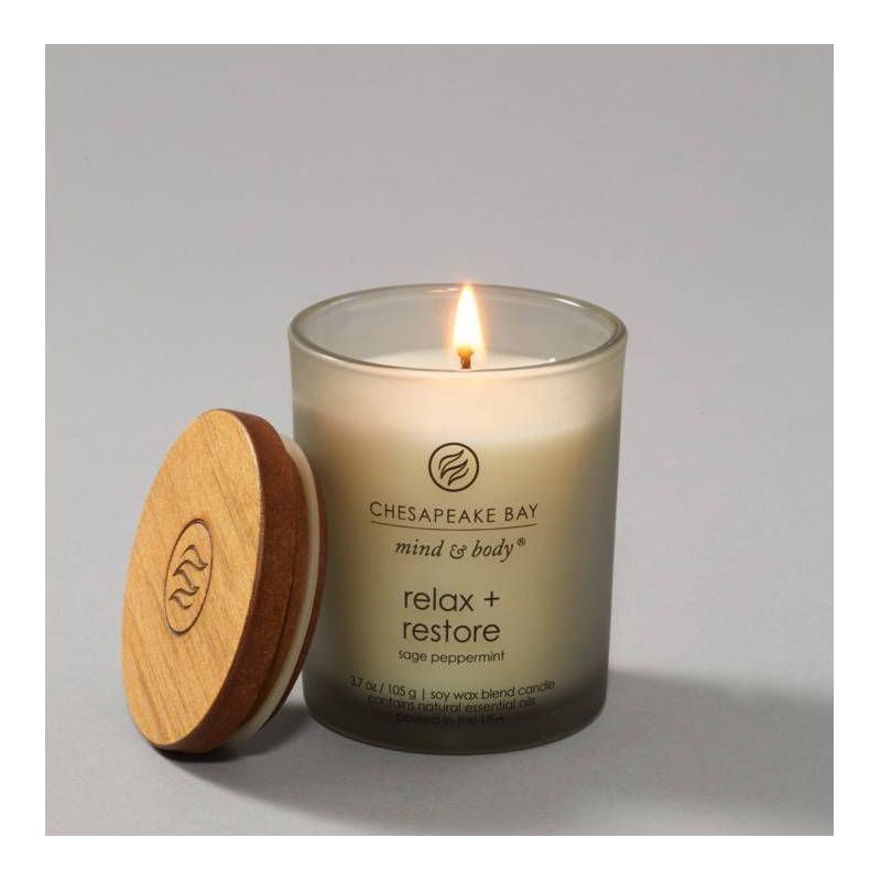 slide 5 of 5, Frosted Glass Relax + Restore Lidded Jar Candle Light Gray 3.7oz - Mind & Body by Chesapeake Bay Candle: Essential Oils, Soy Wax Blend, 3.7 oz
