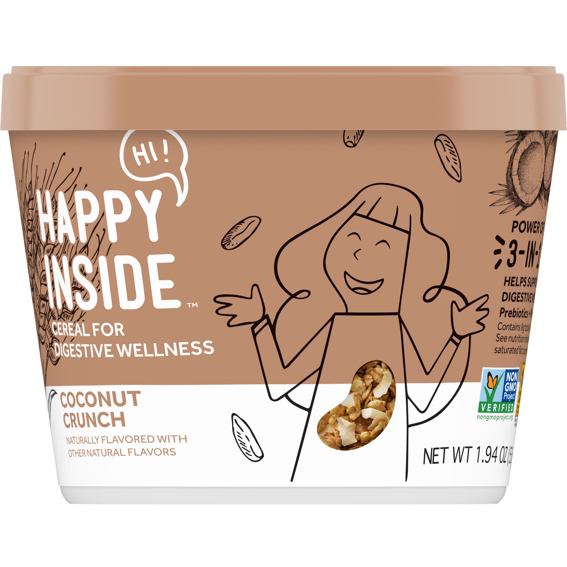 slide 2 of 5, HI! Happy Inside, Breakfast Cereal, Coconut Crunch, with Prebiotics, Probiotics and Fiber for Digestive Wellness, Non-GMO, 1.94oz Cup, 1.94 oz