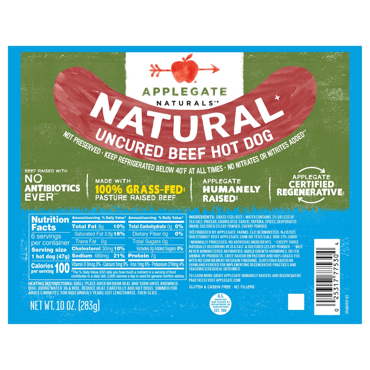 slide 1 of 8, Applegate Uncured Beef Hot Dog, 10 oz