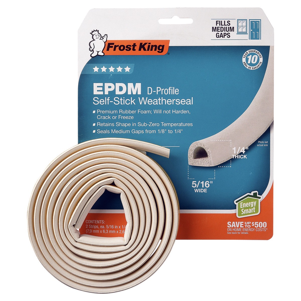 slide 2 of 2, Frost King EPDM Weatherstrip Tape, 3/8" x 1/4" x 17', D-Section/White, 1 ct