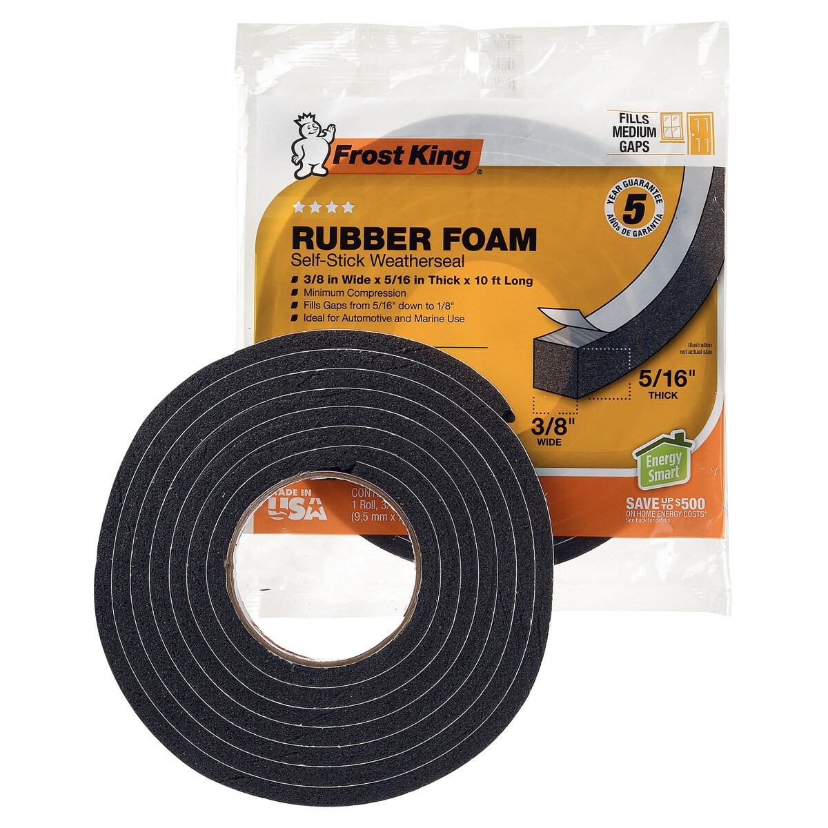 slide 2 of 2, Frost King Rubber Foam Tape, 3/8 x 5/16 x 10', Black, 3/8 x 10 