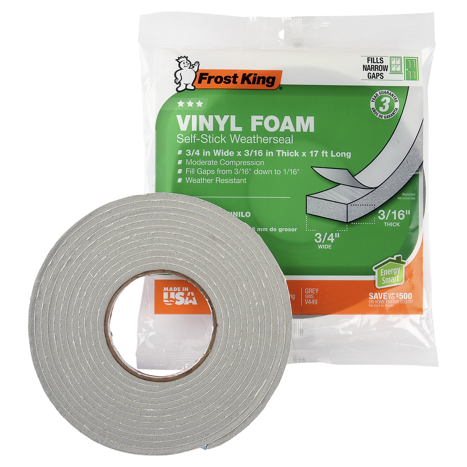 slide 2 of 2, Frost King Vinyl Foam Tape, 3/4 x 3/16 x 17', Grey, 1 ct