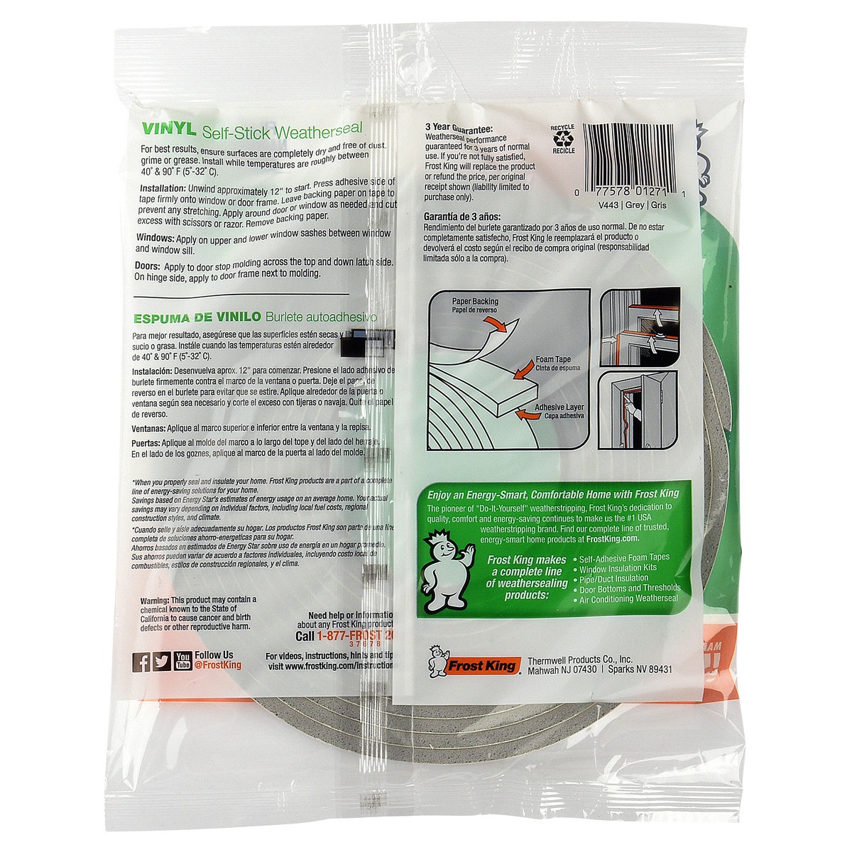 slide 2 of 2, Frost King Vinyl Foam Tape, 3/8 x 3/16 x 17 ft, Grey, 1 ct