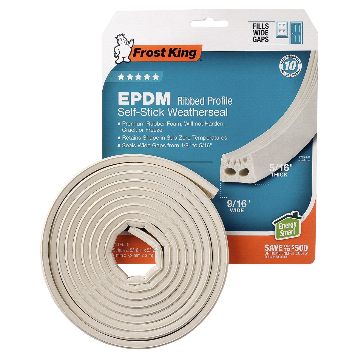 slide 2 of 2, Frost King EPDM Weatherstrip Tape, 1/2 x 5/16 x 10', Cushioned Rib/White, 1/2 gal