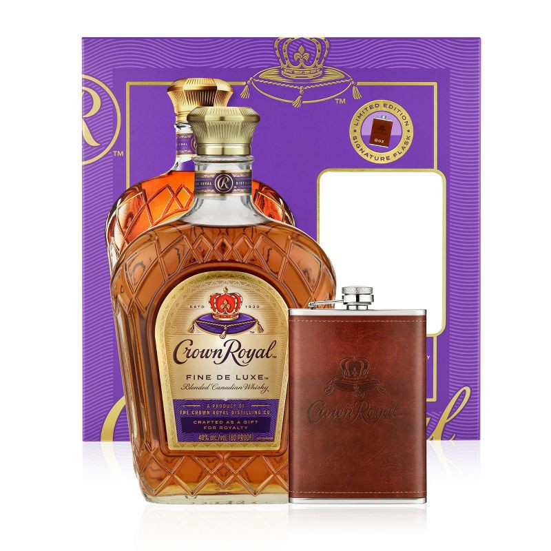 slide 2 of 10, Crown Royal Fine De Luxe Canadian Whisky Holiday Gift Set - 750ml Bottle with Flask, 750 ml