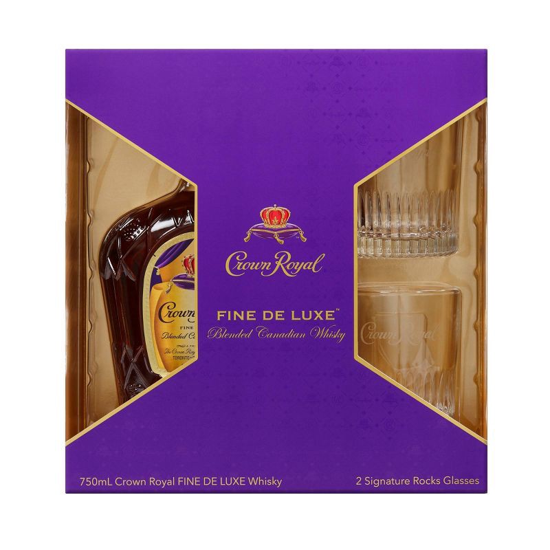 slide 1 of 3, Crown Royal Fine De Luxe Canadian Whisky Holiday Gift Set - 750ml Bottle with Rocks Glasses, 750 ml