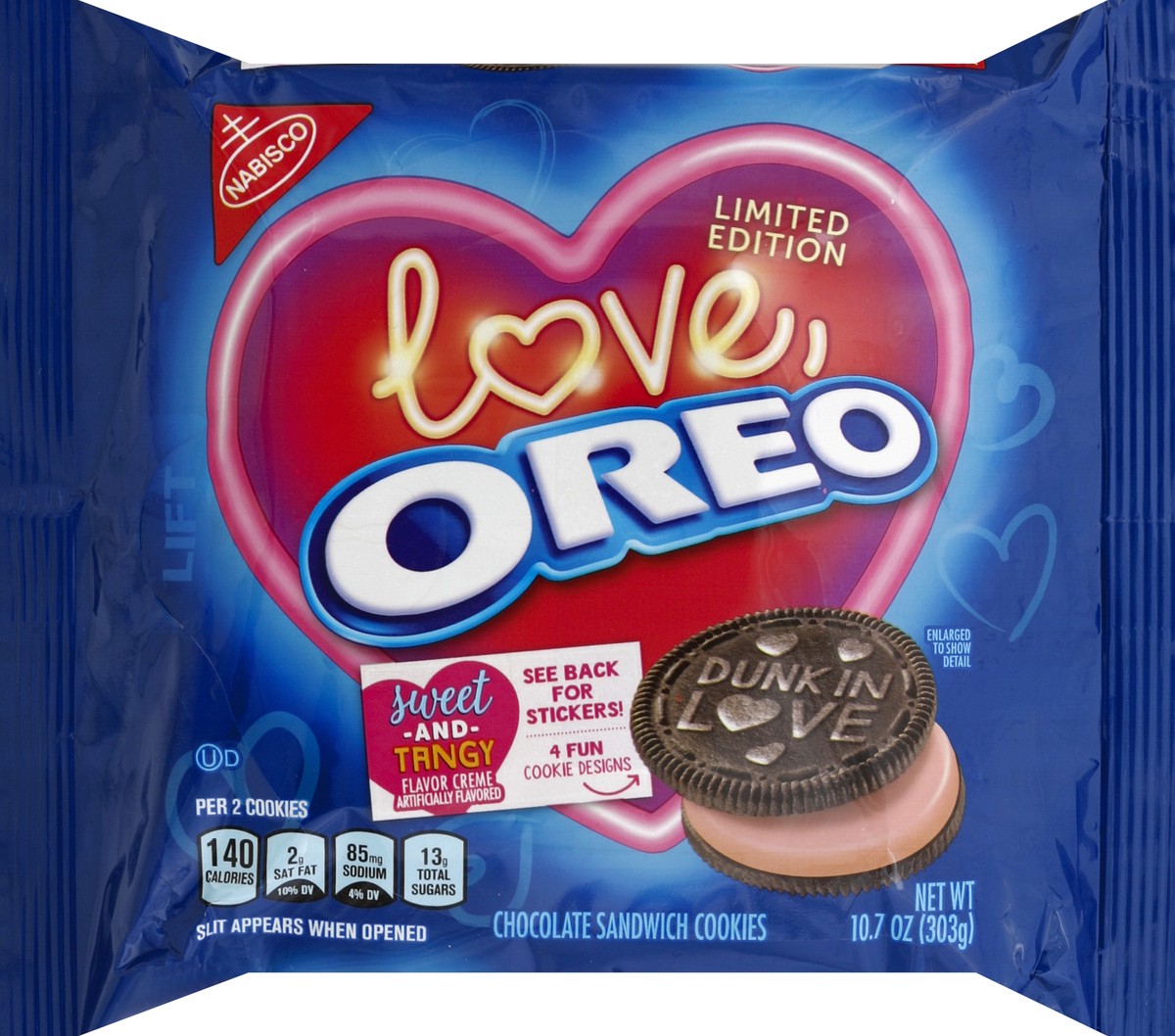 slide 1 of 5, OREO Chocolate Sandwich Cookies, Strawberry Flavored Creme, Special Love Edition, 1 Resealable 10.7 oz Pack, 0.7 lb