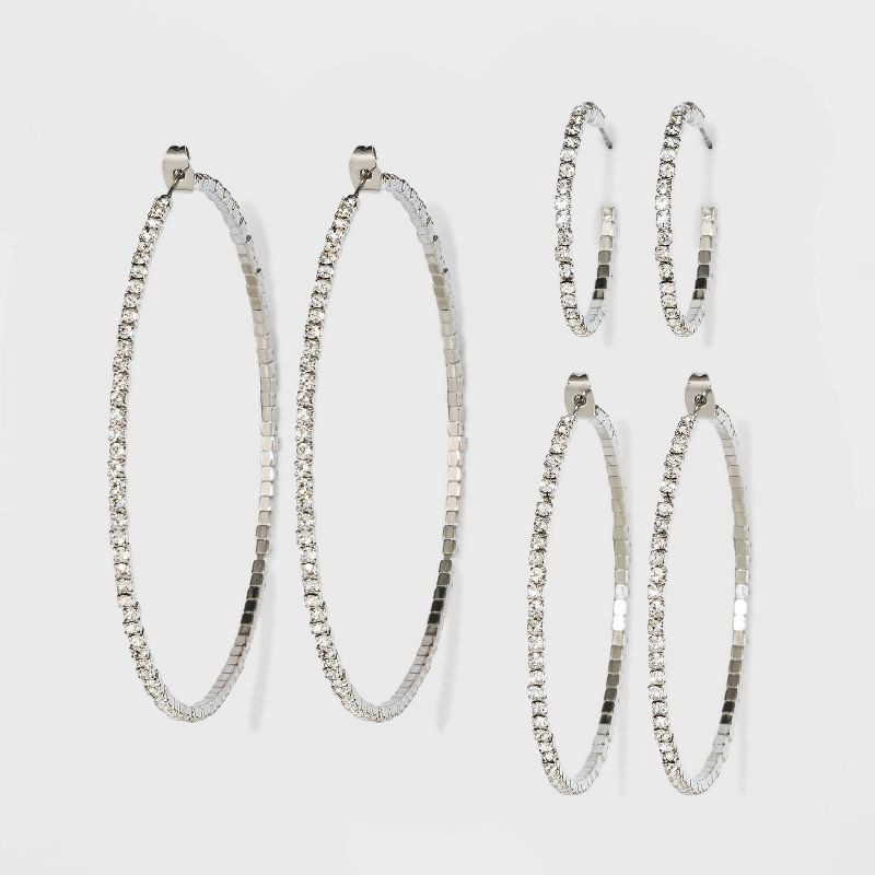slide 1 of 18, Trio Imitation Rhodium with Glass Crystal Rhinestone Hoop Stud Earring Set 3pc - Wild Fable™ White Crystal: Sparkly Hoops, Nickel-Free Metal, 3 ct