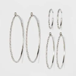 Trio Imitation Rhodium with Glass Crystal Rhinestone Hoop Stud Earring Set 3pc - Wild Fable™ White Crystal: Sparkly Hoops, Nickel-Free Metal