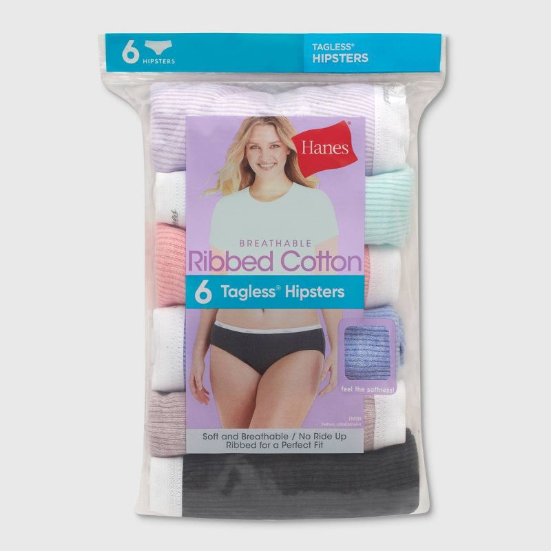 slide 2 of 4, Hanes Women's 6pk Cotton Ribbed Heather Hipster Underwear - Colors May Vary 8: Tagless, Moisture Wicking, Lightweight Fabric, 6 ct
