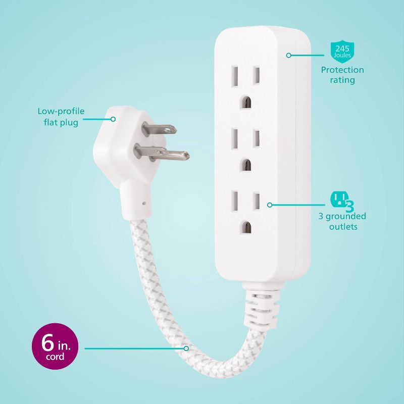 slide 2 of 7, Philips 3-Outlet Surge Protector with 1 Ft. Extension Cord, Gray and White, 1 ft