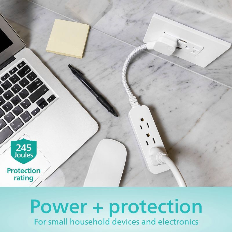 slide 3 of 7, Philips 3-Outlet Surge Protector with 1 Ft. Extension Cord, Gray and White, 1 ft