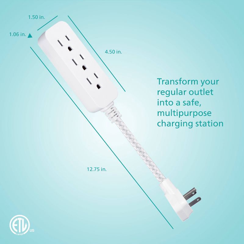 slide 4 of 7, Philips 3-Outlet Surge Protector with 1 Ft. Extension Cord, Gray and White, 1 ft