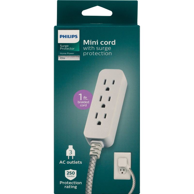 slide 6 of 7, Philips 3-Outlet Surge Protector with 1 Ft. Extension Cord, Gray and White, 1 ft