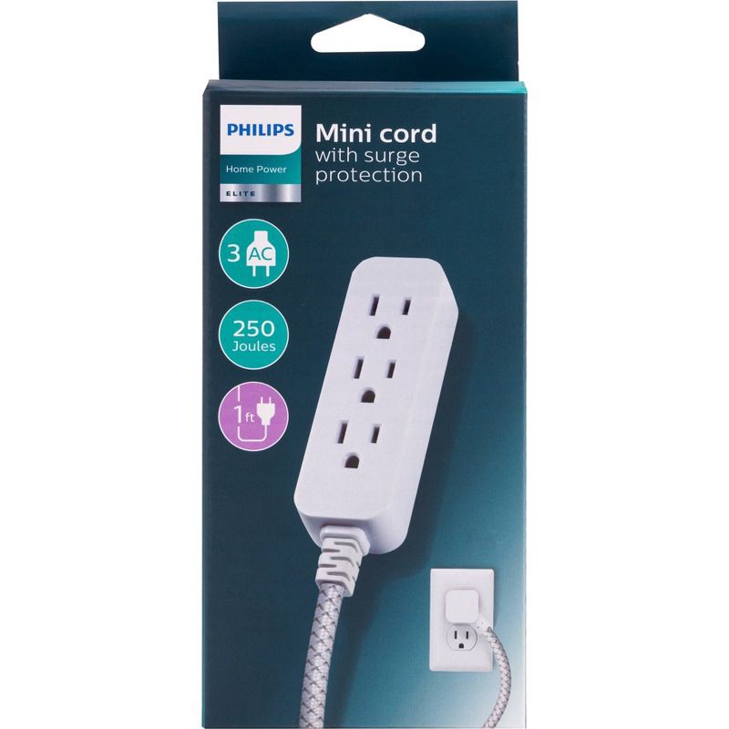 slide 7 of 7, Philips 3-Outlet Surge Protector with 1 Ft. Extension Cord, Gray and White, 1 ft