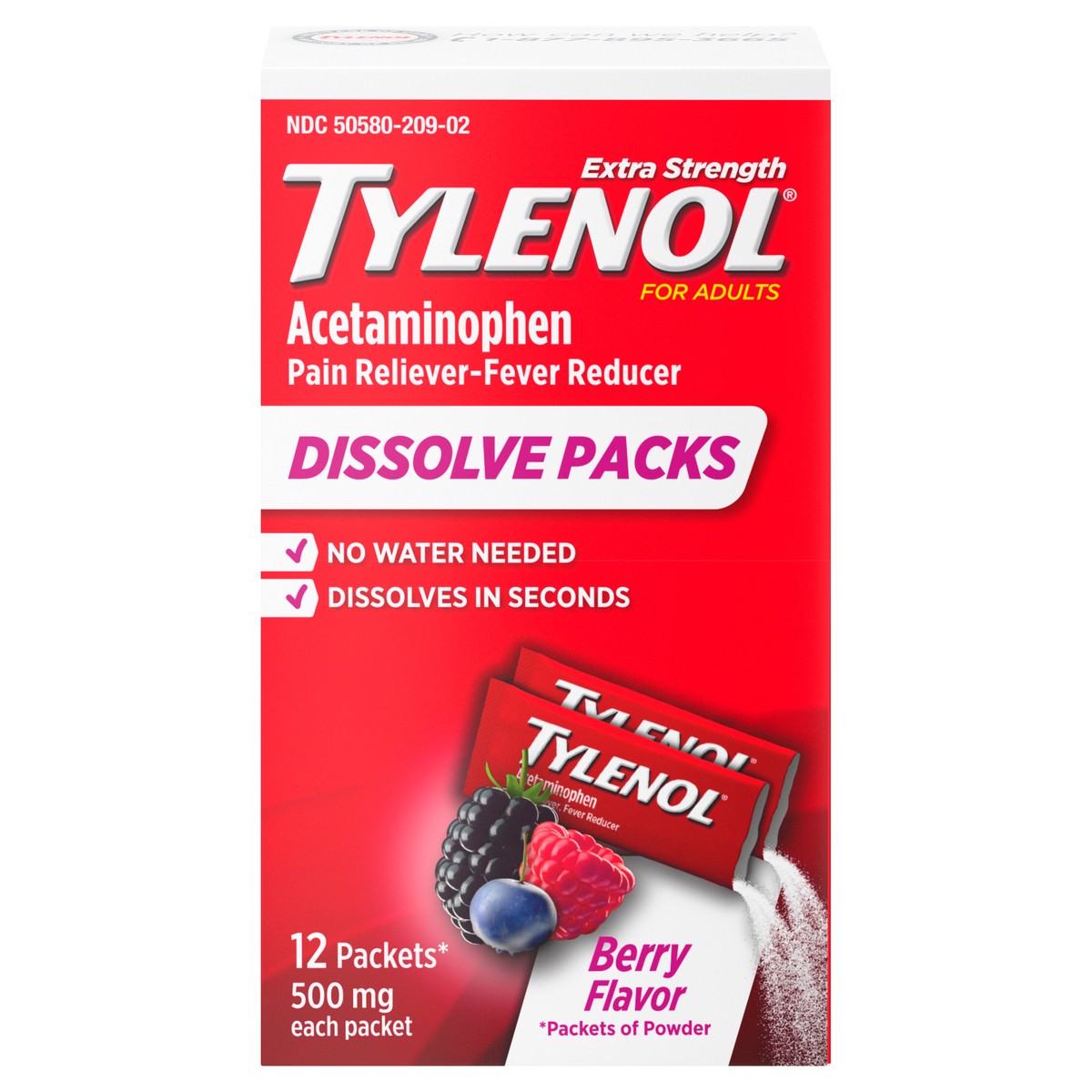 slide 1 of 9, Tylenol Acetaminophen Extra Strength Powder Pack - Berry - 12pk, 12 ct