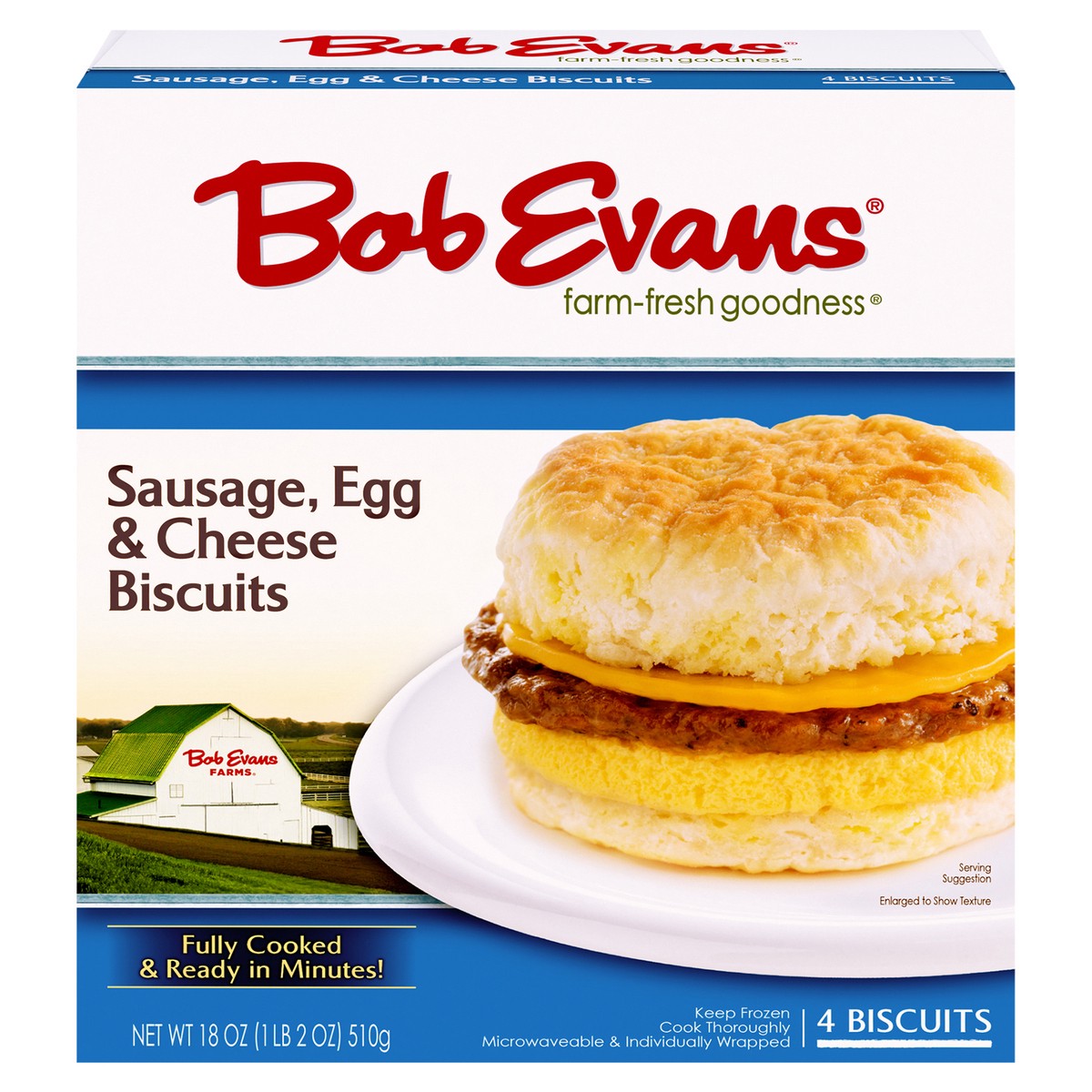 slide 1 of 9, Bob Evans Sausage, Egg & Cheese Biscuits, 18 oz