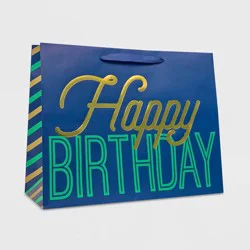 Large 'Happy Birthday' Gift Bag Navy/Green/Gold - Spritz™: Large Blue Paper Gift Bag, Solid Typography, 10x12.75x5