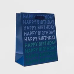Large 'Happy Birthday' Gift Bag Navy/Green - Spritz™: Blue Paper Gift Bag, 9.75" H x 7.75" W x 4" D, Typography Pattern