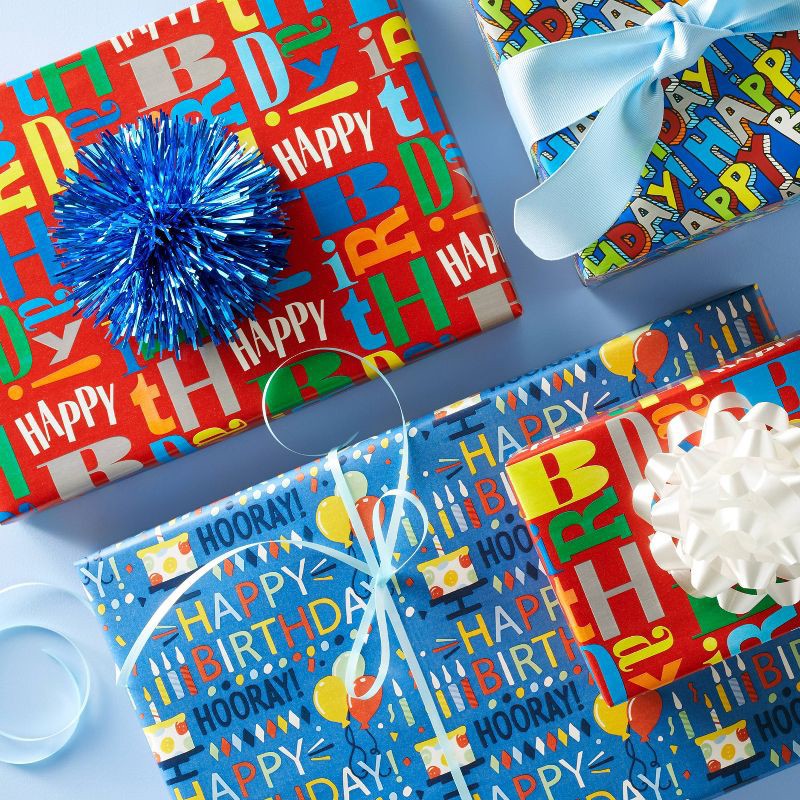 slide 2 of 3, "Happy Birthday" Script and Balloons Gift Wrapping Paper Blue - Spritz™, 1 ct