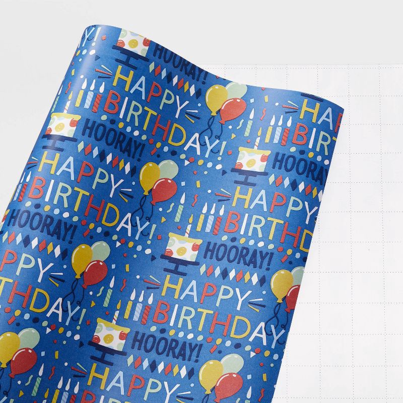 happy Birthday Script And Balloons Gift Wrapping Paper Blue