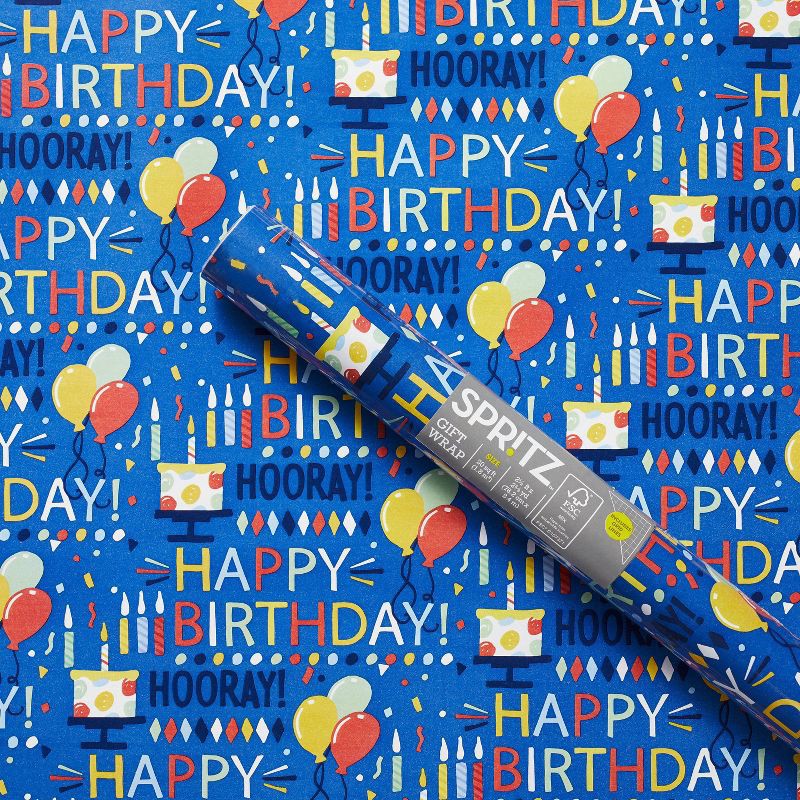 slide 1 of 3, "Happy Birthday" Script and Balloons Gift Wrapping Paper Blue - Spritz™, 1 ct