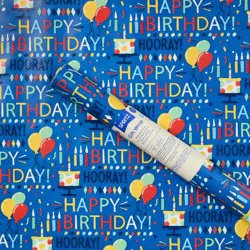 96"x30" 'Happy Birthday Hooray' Balloons and Cake Gift Wrapping Paper Blue - Spritz™