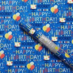 96"x30" 'Happy Birthday Hooray' Balloons and Cake Gift Wrapping Paper Blue - Spritz™