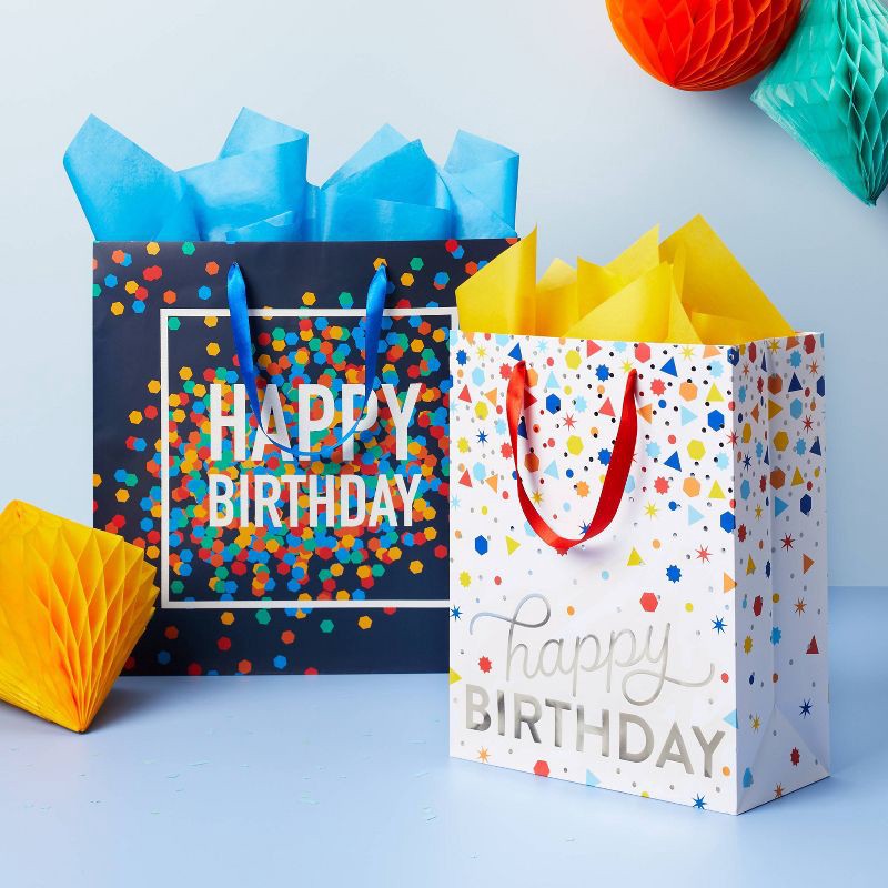 slide 2 of 3, "Happy Birthday" Confetti Medium Gift Bag White - Spritz™, 1 ct