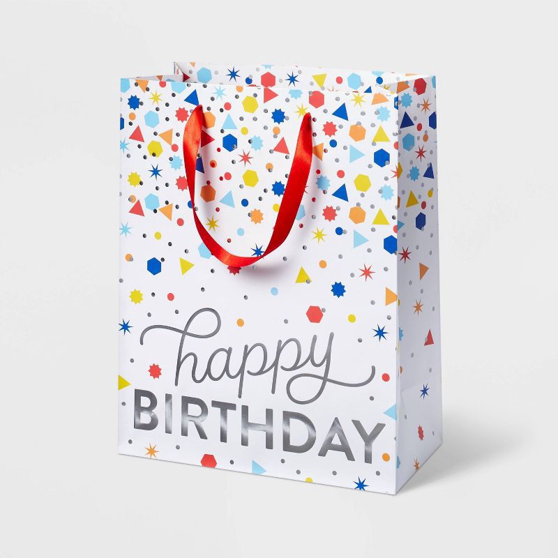 slide 1 of 3, "Happy Birthday" Confetti Medium Gift Bag White - Spritz™, 1 ct