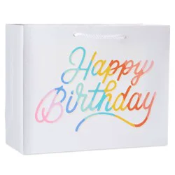 Small "Happy Birthday" Bag White - Spritz™: Multicolor Rainbow Paper Gift Bag, 9.75" x 7.75" x 4", Birthday Party