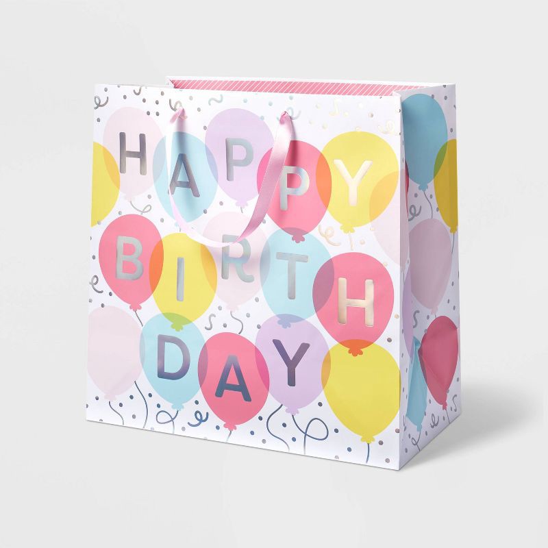 slide 1 of 3, "Happy Birthday" Balloon Square Gift Bag - Spritz™, 1 ct