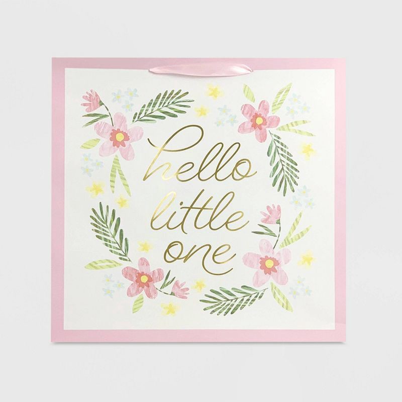 slide 2 of 2, Large Square Foil Print 'Hello Little One' Floral Baby Shower Gift Bag White/Pink - Spritz™, 1 ct