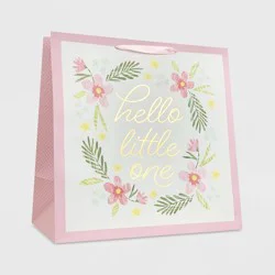 Large Square Foil Print 'Hello Little One' Floral Baby Shower Gift Bag White/Pink - Spritz™