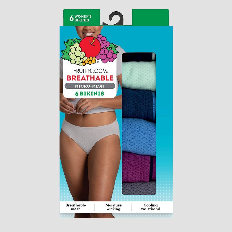 slide 5 of 5, Fruit of the Loom Women's 6pk Breathable Micro-Mesh Bikini Underwear - Colors May Vary 8: Moisture Wicking, Tagless, 6 ct