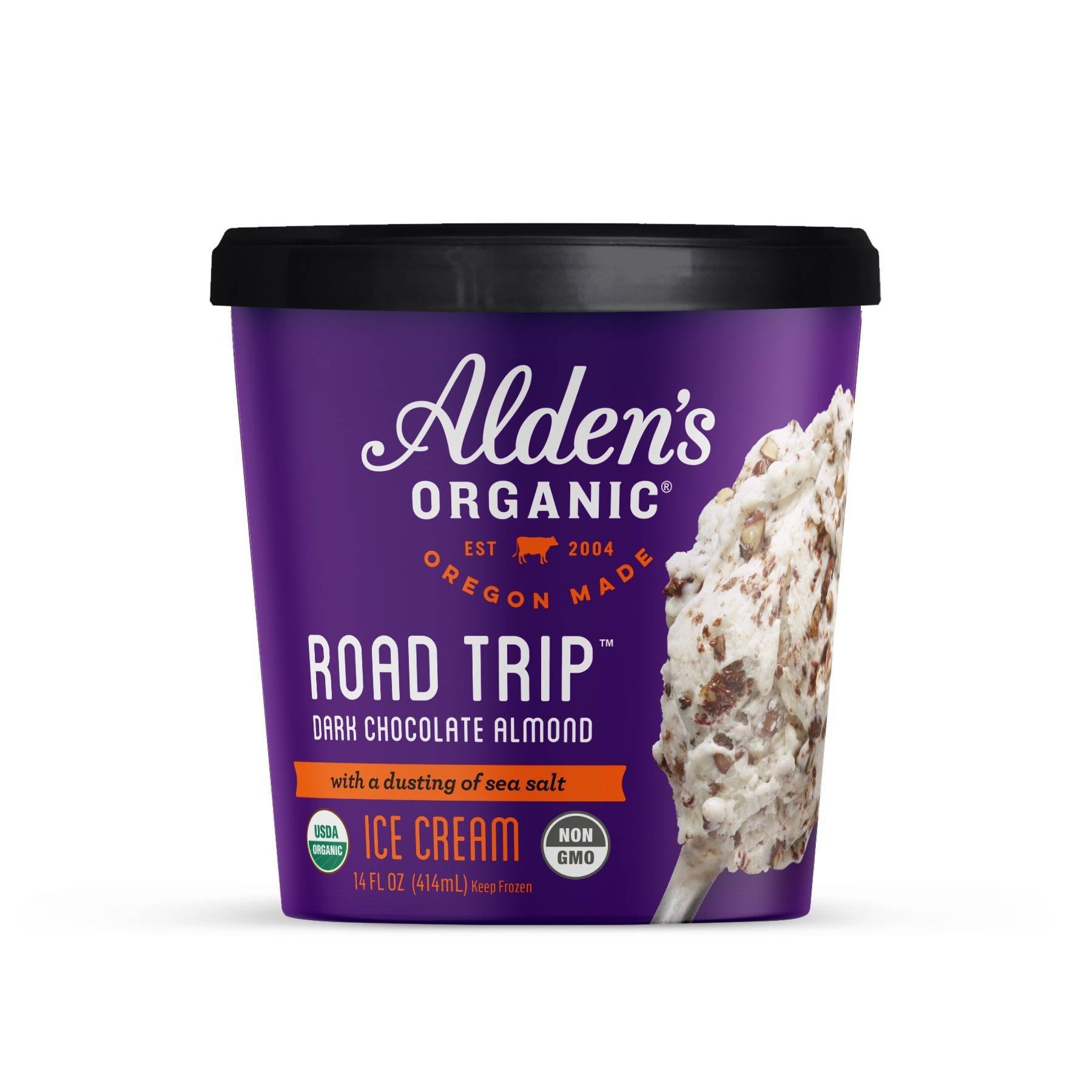 slide 1 of 2, Alden's Organic Road Trip Dark Chocolate Almond Ice Cream, 14 fl oz