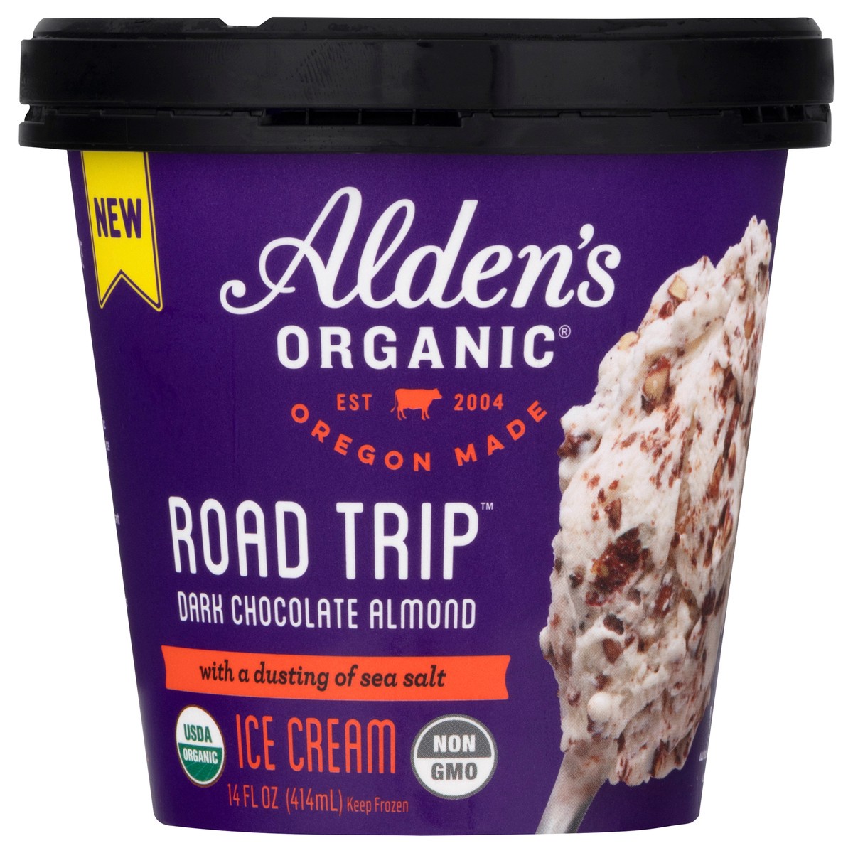 slide 1 of 9, Aldens Organic Road Trip Dark Chocolate Almond Ice Cream 14 oz, 14 oz