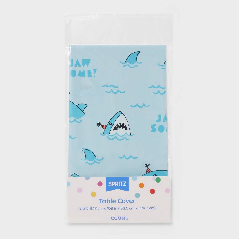 slide 3 of 3, 54"x84" Shark Printed Plastic Table Cover Blue - Spritz™, 1 ct