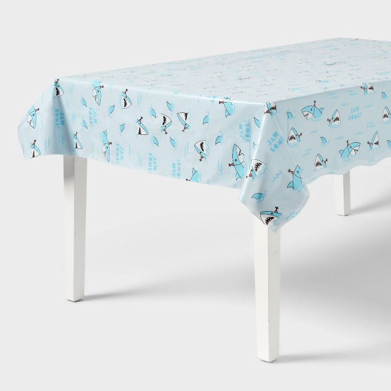 slide 1 of 3, 54"x84" Shark Printed Plastic Table Cover Blue - Spritz™, 1 ct