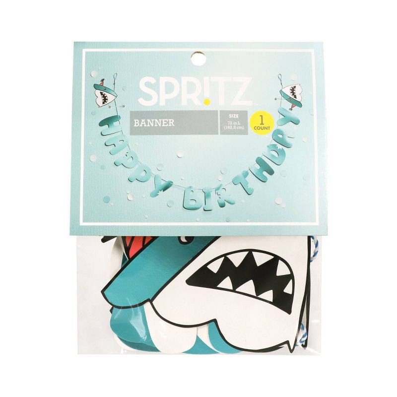 slide 2 of 2, "Happy Birthday" Shark Banner Teal - Spritz™, 1 ct