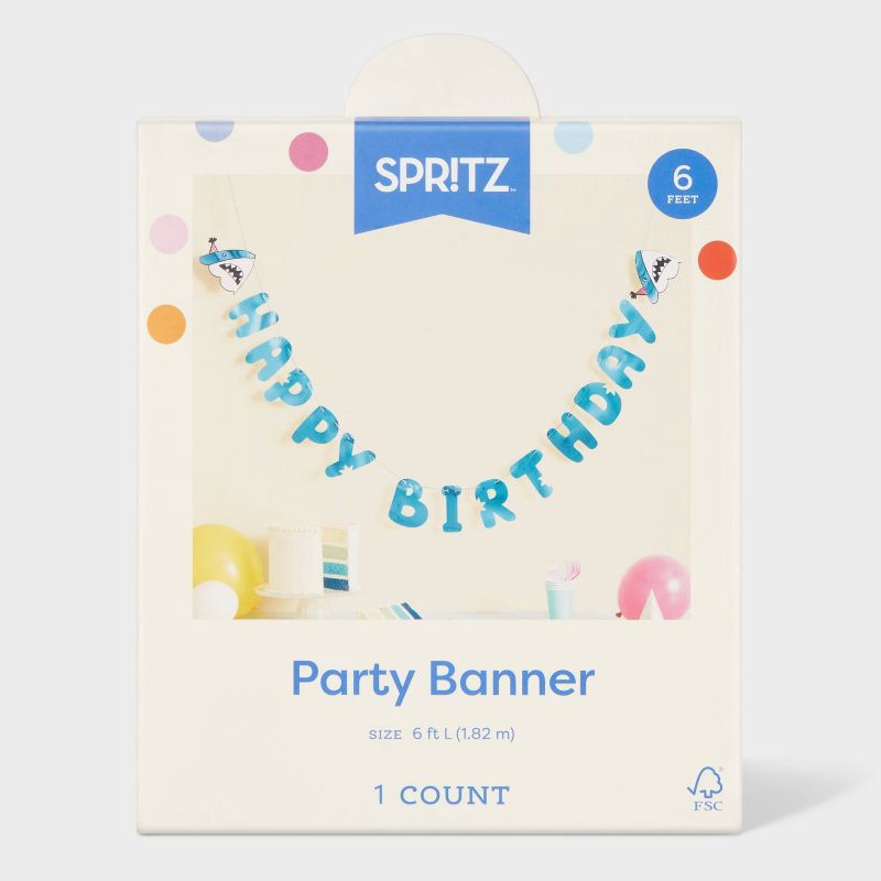 slide 4 of 4, "Happy Birthday" Shark Banner Teal - Spritz™, 1 ct